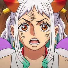 an anime character with long white hair and horns on her head, looking at the camera