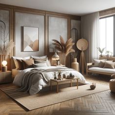 a bedroom with wood paneled walls and flooring is furnished with natural materials such as bed linens, pillows and blankets