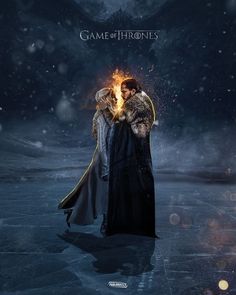 the poster for game of thrones shows two people standing next to each other with fire in their hands