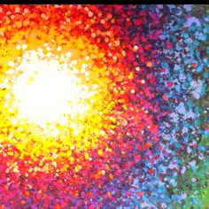 the sun is shining brightly in an abstract painting with many colors and spots on it