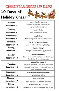 the christmas dress up days list is shown in red and white with santa's sleighs on it