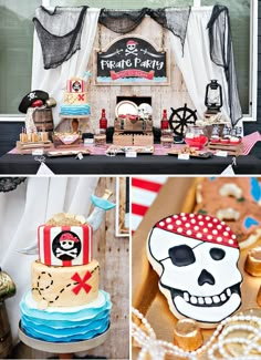 a pirate themed party with lots of desserts and treats on the table, including cookies