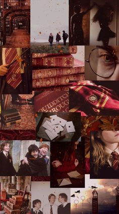 a collage of harry potter images with books and people in the background as well as photoshopped