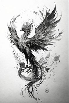 a black and white drawing of a bird with wings on it's back side