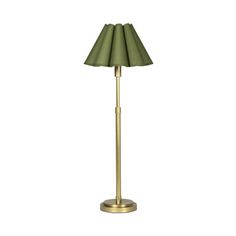 a green lamp with a gold base on a white background, it's light is turned on and the shade is off