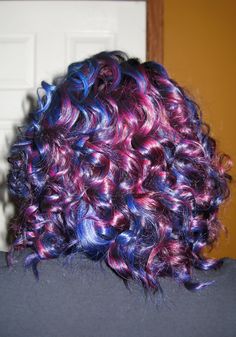 Curly Dyed Hair Purple, Blue And Purple Curly Hair, Blue And Magenta Hair, Pink Dyed Curly Hair, Oil Spill Hair Dye, Navy Blue Curly Hair, Magenta Curly Hair, Red Magenta Hair, Curly Dyed Hair