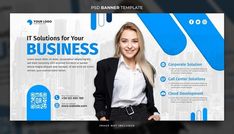 a woman is standing in front of a blue and white business banner design with the words it's solutions for your business