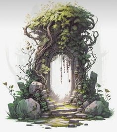 an illustration of a doorway with vines growing out of the door and rocks around it