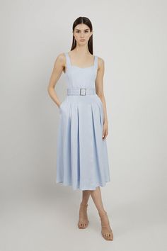 Petite Tailored Linen Belted Full Skirt Midi Dress Fitted Knee-length Linen Dress With Belt, Knee-length Belted Linen Midi Dress, V-neck Linen Midi Dress With Belt, Blue Belted Midi-length Denim Dress, Light Blue Cotton A-line Midi Dress, Petite Business Casual, Hen Do Outfits, Workwear Capsule Wardrobe, Petite Midi Dress