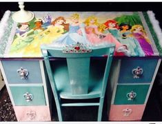 an old dresser with princesses painted on the top and bottom, as well as other items