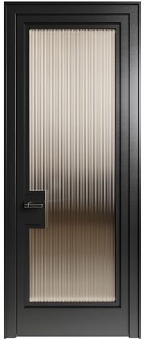 an open door with a metal frame and glass on the front, in black color