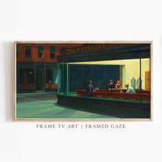 a painting of people sitting at a bar in front of a building with the words frame tv art framed gazette