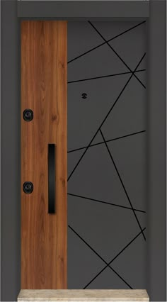 a wooden door with two black handles in front of a gray wall that has geometric designs on it