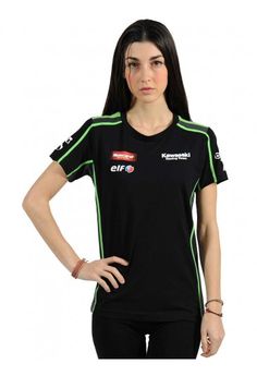 #Women's version of the official #Kawasaki Racing Team replica T-shirt. 100% cotton T-shirt with grey mesh side panels and green piping that stands out against the black cotton. Sponsor logos are embroidered on the chest and right sleeve. The Kawasaki Racing Team large high-definition logo is featured on the front and back. Side Panels, Black Cotton, Cotton T Shirt, Adidas Jacket, Piping