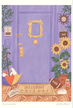 a purple door with sunflowers and an umbrella in front of it that says welcome friends