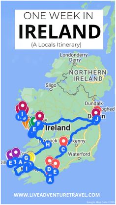 a map with the words one week in ireland on it and locations to see them