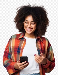 a smiling woman holding a cell phone and looking at the screen with her eyes closed