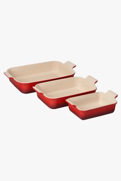 Three red and white rectangular serving dishes of various sizes Le Creuset Set, Baking Dish Set, Le Creuset Stoneware, Stoneware Dishes, Baking Dish, Dish Sets, Quick Cleaning, Le Creuset, Dillard's