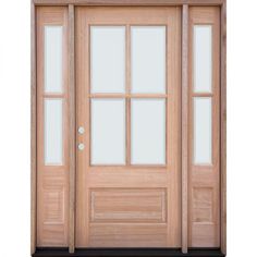 a wooden door with glass panels and sidelights on an isolated white background for display or montage