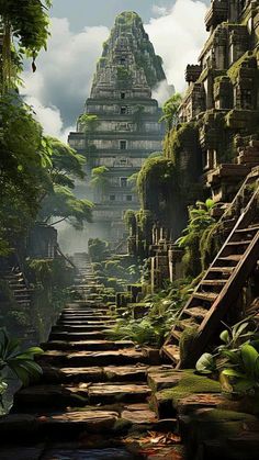 an artistic scene with stairs leading up to a tall building in the distance, surrounded by greenery