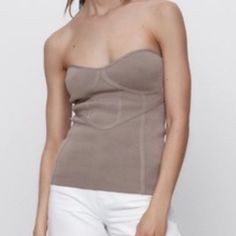 New Without Tags! Beige Stretch Strapless Top, Fall Fitted Bandeau Tube Top, Fall Bandeau Tube Top, Fitted Bandeau Tube Top For Fall, Strapless Fitted Tube Top For Fall, Trendy Fitted Tube Top For Fall, Fitted Seamless Zara Tops, Chic Bandeau Top For Fall, Fitted Seamless Knit Tube Top