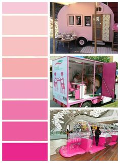 the food truck is painted pink and has people in it