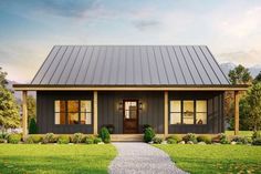 a small house with a metal roof and two windows on the front porch, along with a gravel path leading to the front door