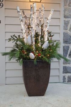 a potted plant with christmas lights and pine cones in it on the front porch