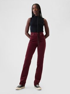 Fit: A full-length classic straight-leg pant that's slim through the hip & thigh.  Fabric: 75% Cotton, 18% Rayon, 5% Recycled Cotton, 2% Stretch.  ​ Stretch: High Stretch Jeans.  Innovative stretch with high recovery.   ​Made to move & always bounces back. ​ Rise: High Rise Pants.  Look: A classic five-pocket pant in soft corduroy.  Details: Zip fly & five-pocket styling. ​ Responsibly Made: This pair of pants is part of our water-saving Washwell program.  Compared with conventional wash methods, Washwell uses at least 20% less water and has saved over a billion liters of water since 2016.  Our High Rise Pant has an 11" 28 cm) rise. ​ Slim through the hip & thigh.  Straight leg.  Runs slightly small.  Size up for a roomier fit.  Full-length pant.  Hits below the ankle.  Inseam: Short 29" 7 Slim Fit Straight Jeans, Red Courdory Pants Outfits, Cordoroy Pants, Red Corduroy Pants, Straight Leg Jeans Outfits, Maroon Pants, 90s Fits, Burgundy Pants, Water Saving