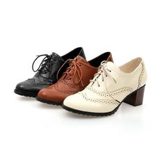 Retro Formal Oxfords, Retro Formal Lace-up Shoes With Brogue Detailing, Vintage Lace-up Heels For Office, Vintage Lace-up Office Heels, Vintage Closed Toe Lace-up Shoes For Office, Vintage Lace-up Shoes With Leather Sole For Office, High Heel Lace-up Brogue Office Shoes, High Heel Lace-up Brogue Shoes For Office, High Heel Brogue Lace-up Shoes For Office