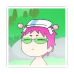 a cartoon character with pink hair and green glasses, in the background is a tree