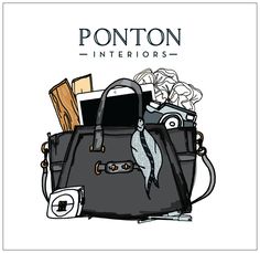 an illustration of a handbag with items in it and the words ponton interiors