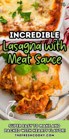 A rich slice of homemade lasagna on a plate with pan of lasagna in background.