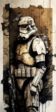 a drawing of a stormtrooper with paint splattered on it