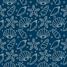 a blue background with white sea shells and starfish