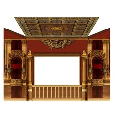 an ornately decorated room with red walls and gold trimmings on the ceiling