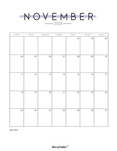 the november calendar is shown in blue and white