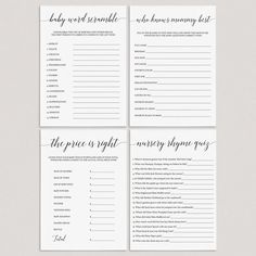 four printable wedding game cards with the words, baby word scramble and the price is right