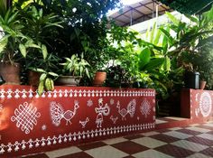 some potted plants are sitting on a red and white checkered floor