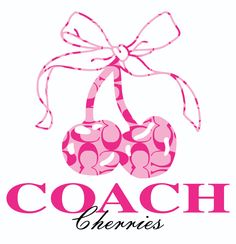 a pink and white logo with the word coach on it's side, featuring two cherries