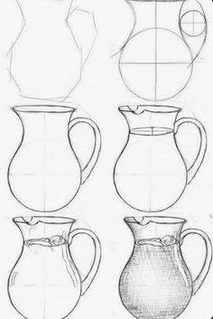 four different types of vases are shown in this drawing