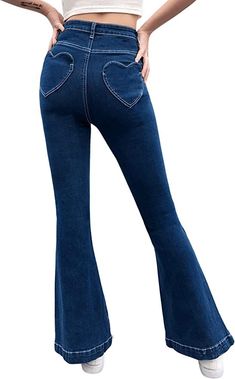 Coquette Aesthetic Clothes, Bell Pants Outfit, Flair Pants, Beige Jeans, Bell Pants, Trendy Pants, Heart Pocket, Casual Denim Pants, Fall Jeans