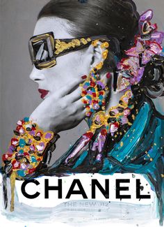 a painting of a woman with sunglasses and jewelry on her face, wearing chandelier