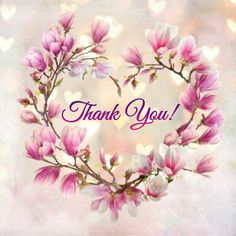 a thank card with pink flowers in the shape of a heart on a pastel background