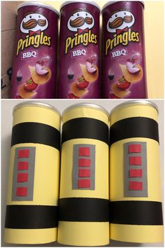 three cans of pringles sitting next to each other