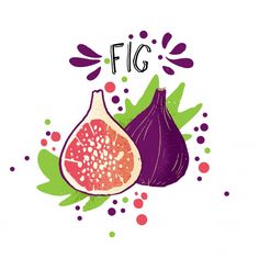 two figs with leaves and the word fig