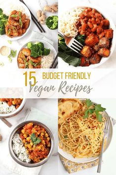 a collage of vegan recipes including pasta, broccoli and meats