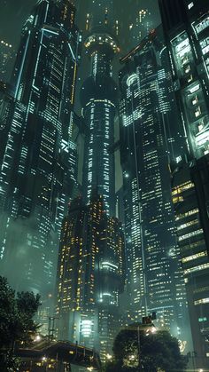 a futuristic city at night with skyscrapers lit up