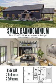 the floor plan for a small barn style home with two bathrooms and an open living area