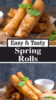 spring rolls with mint leaves and dipping sauce